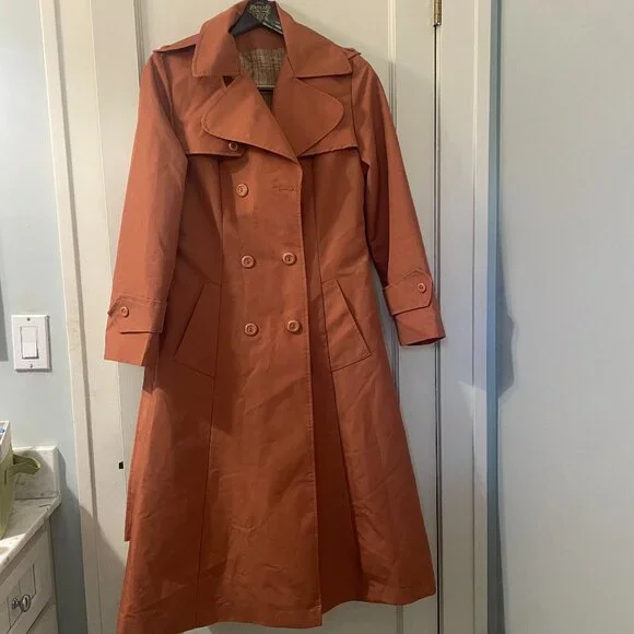 Peach Trench Coat Plaid Lining Size Medium - Picture 2 of 13